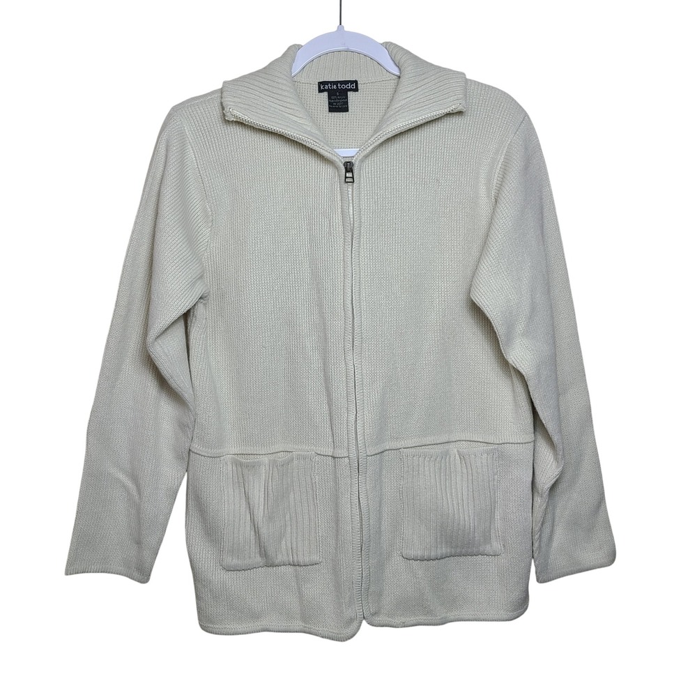 Ivory Ribbed Knit Zip Cardigan S Chore Pocket Neutral Clean Girl Lux‎ Minimalist